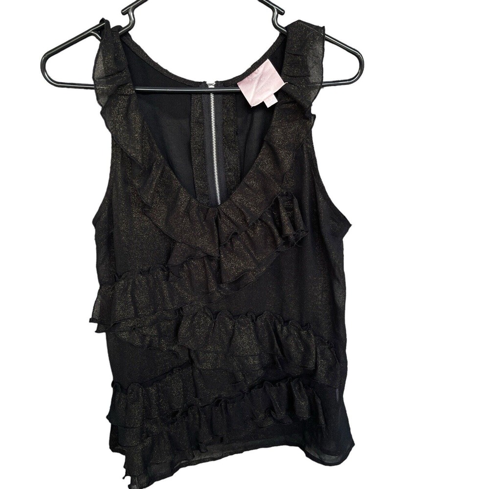 Romeo & Juliet Sleeveless Blouse Womens Large Black Gold Ruffle Semi Sheer Vneck